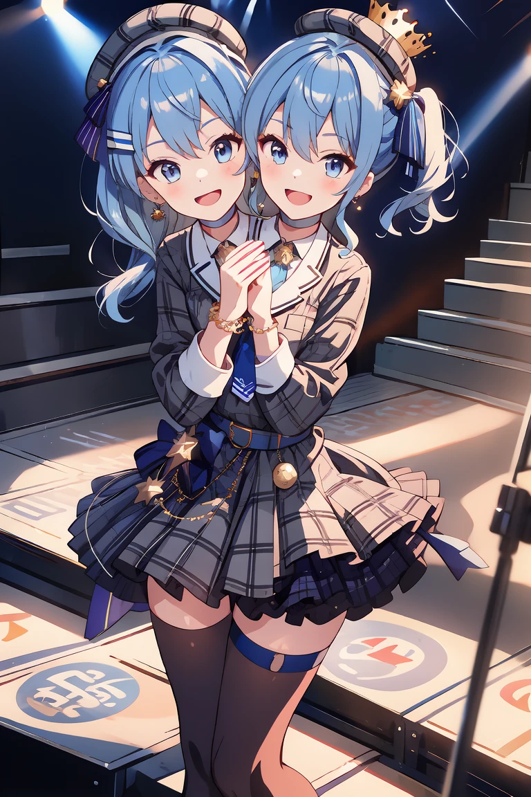 (masterpiece, best quality), best resolution, 16k, (2heads:1.5), close-up, 1girl, solo, HoshimachiSuisei, side ponytail, blue hair ribbon, SuiseiBase, plaid beret, crown, blue star choker, star earrings, blue ascot, plaid jacket, plaid skirt, layered skirt, partially fingerless gloves, star bracelet, uneven legwear, thigh strap, standing, ((cheek to cheek)), (own hands together, praying hangs), smile, open mouth, singing, look at each other, stable, concert stage, starfield, spotlight