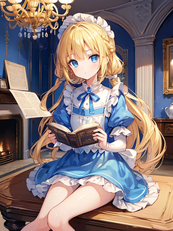 (8k, highest quality, Tabletop:1.2)、Ultra-high resolution、Alice in Wonderland, One 12-year-old girl, Detailed face、blue eyes, Blonde, Braid, Blue Dress, White apron, Clothes with bulging sleeves, room with fireplace, chandelier, sitting on a wooden chair, I read a book