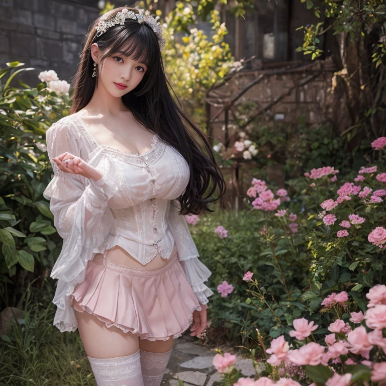 best quality, masterpiece, lifelike, 1 girl, solitary, eternal, Black Hair, Long curly hair, Bangs, laugh out loud, Layered lace skirt,  Puff sleeves, Wide sleeves, Transparent sleeves,  Detailed background,  Delicate face，pink blush，White knee socks, cold，Lots of lace，((​masterpiece))、(top quality)、8k、High Detail、Super detailed、 21 years old female，​masterpiece、born、Intricate details showcase the ruffles and intricate designs of the Lolita dress、Fair、magic、realism、Visual effect、FXAA、SSAO、shader、voiceless、Ambient Lighting、Tone Mapping、high resolution、Ultra HD、Million pixels、(8k resolution:1.10)、8k resolution、High Detail、Intricate details、 (high quality:1.2、​masterpiece:1.2、:1.21)、(21 years old female），Hair accessories are not allowed, Smile happily，Short skirt，Underwear looming，outdoor，Huge breasts，Low-cut clothes