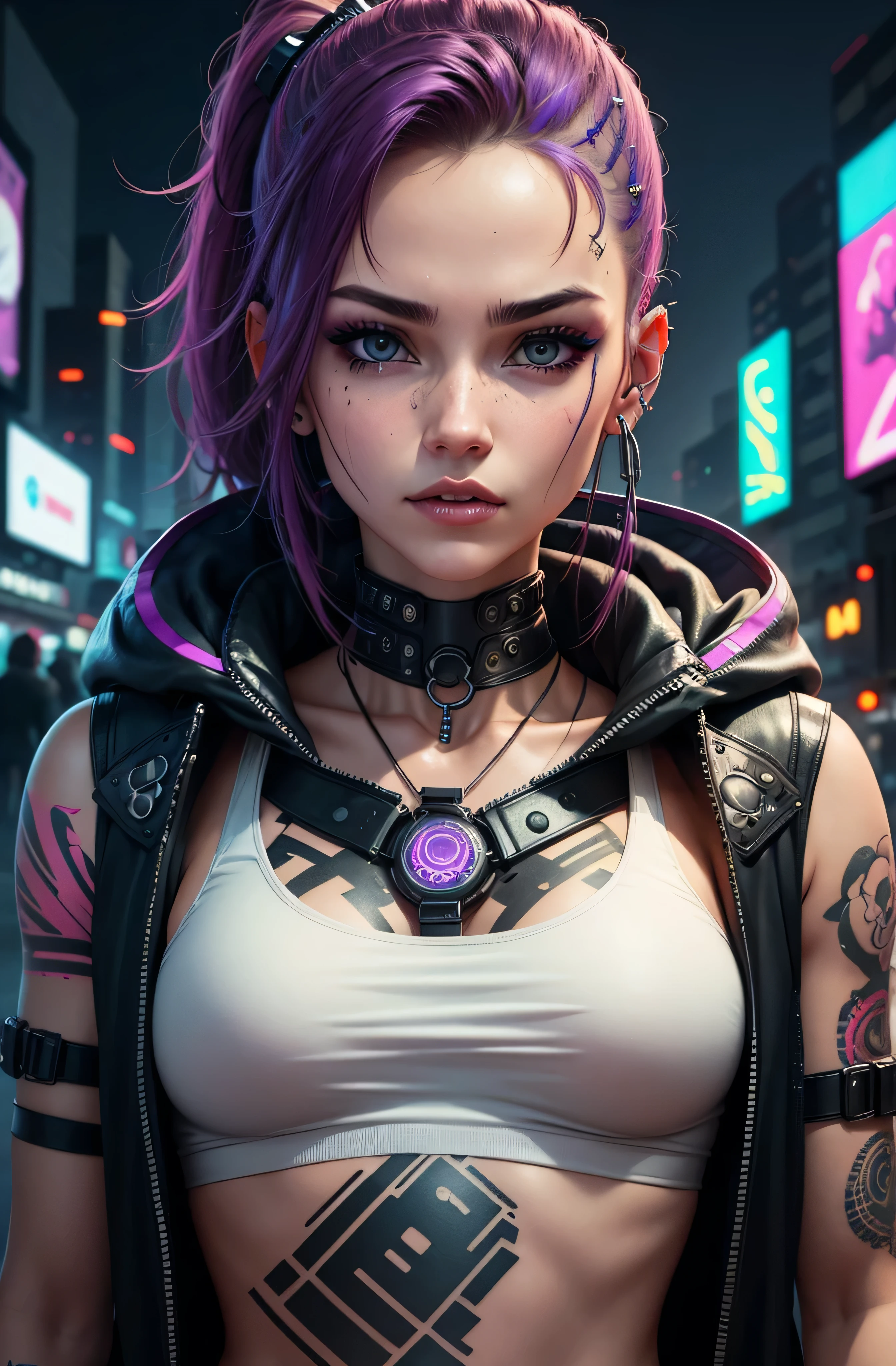 Cyberpunk girl with tattoo on neck and nose piercing