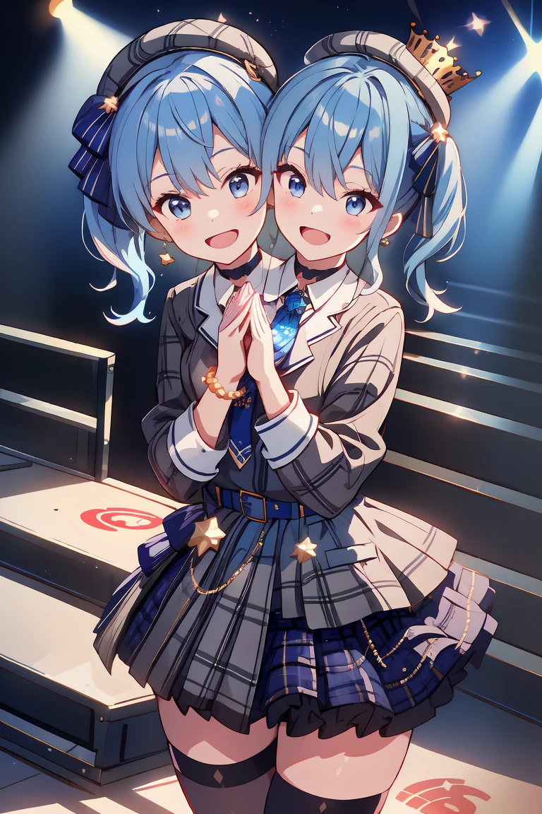 (masterpiece, best quality), best resolution, 16k, (2heads:1.5), close-up, 1girl, solo, HoshimachiSuisei, side ponytail, blue hair ribbon, SuiseiBase, plaid beret, crown, blue star choker, star earrings, blue ascot, plaid jacket, plaid skirt, layered skirt, partially fingerless gloves, star bracelet, uneven legwear, thigh strap, standing, ((cheek to cheek)), (own hands together, praying hangs), smile, open mouth, singing, (look at each other), stable, concert stage, starfield, spotlight