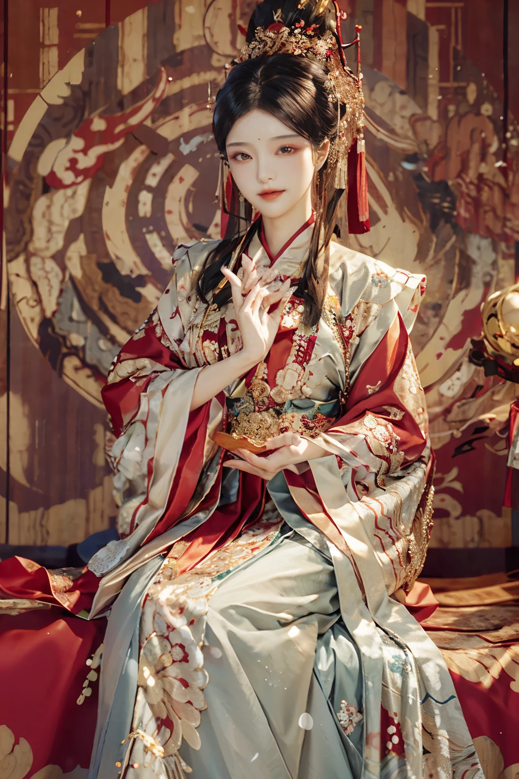 An exquisitely crafted image of a gentle Chinese goddess gracefully donning Hanfu, the traditional Chinese attire, enhances the serene and ethereal atmosphere. The intricate patterns adorning her elegant Hanfu flow harmoniously with the gentle breeze, revealing her delicate and refined features. Her long, cascading silk robes sway in the breeze, and the soft, flowing fabric of her Hanfu skirts creates a soothing and calming visual experience. The refined beauty and peaceful demeanor of this Chinese goddess evoke a profound sense of tranquility and harmony.
An image of a lively and vivacious Chinese goddess wearing Hanfu invites a sense of excitement