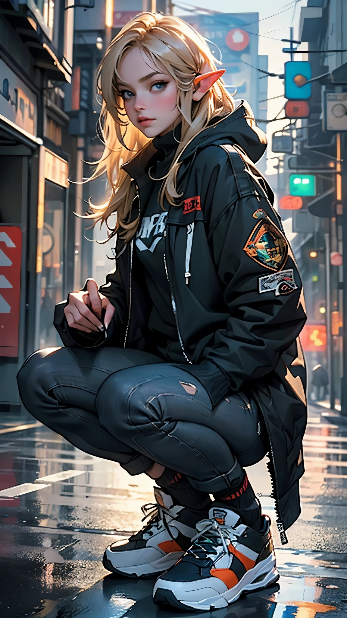 (highest quality, 8k, 32k, masterpiece, Ultra-high resolution):1.2, Blurred Background, Great photo with beautiful saturation, Ultra-high resolution,(Realistic:1.4)),Deep Shadow,(highest quality), ultra Realistic,32k,Highly detailed CG Unity 8k wallpaper, highest quality,Trendy clothing,((sneakers)),(Squat down),Hands hang down naturally,Hooded jacket,Street side,((Elf)),(Blonde),1girl