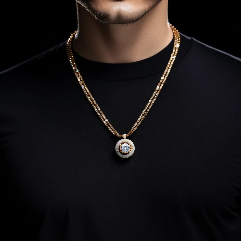 the focal point is a chest-high shot of a person wearing a sleek black shirt. The background is a deep, dark hue, providing a stark contrast that emphasizes the luminosity of the diamond chain. With no face visible and only a hint of the neck discernible, the attention is drawn solely to the brilliance emanating from the chain.
The chain itself is captured in stunning detail, each facet of the diamonds reflecting light with unmatched clarity. Against the backdrop of the black shirt, the diamonds appear even more vibrant and radiant, creating a mesmerizing contrast that captivates the viewer's gaze. The chain extends elegantly from the wearer's neck, with the picture ending precisely where the chain stops, leaving an air of mystery and intrigue. This photograph is a study in contrast, showcasing the timeless elegance and allure of a diamond chain against the backdrop of darkness, where every sparkle is a testament to the enduring beauty of luxury and style. The chain is Crafted entirely from dazzling diamonds, the pendant takes the form of Jupiter, intricately detailed to reflect the planet's swirling storms and majestic bands. At its center lies a magnificent, flawless diamond, symbolizing Jupiter's grandeur and power. Surrounding this centerpiece are smaller diamonds, arranged in a celestial pattern, reminiscent of stars scattered across the night sky. Suspended from a diamond-studded chain, every facet of this pendant glistens with the brilliance of the cosmos, ensuring that when Jupiter wears it, he radiates with the magnificence of the universe itself.