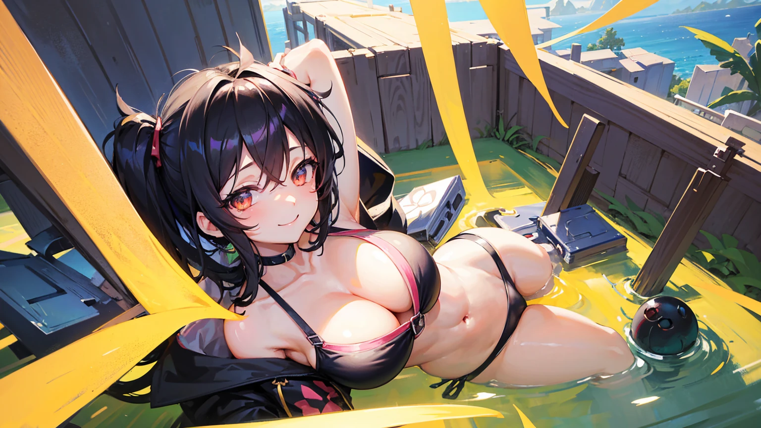 masterpiece,anime style,chibi,sexy girl,black hair,shoulder length hair with two pigtails,bikini,smiling,larger breasts,waiting on the right side of the image,showing cleavage,full body,standing,