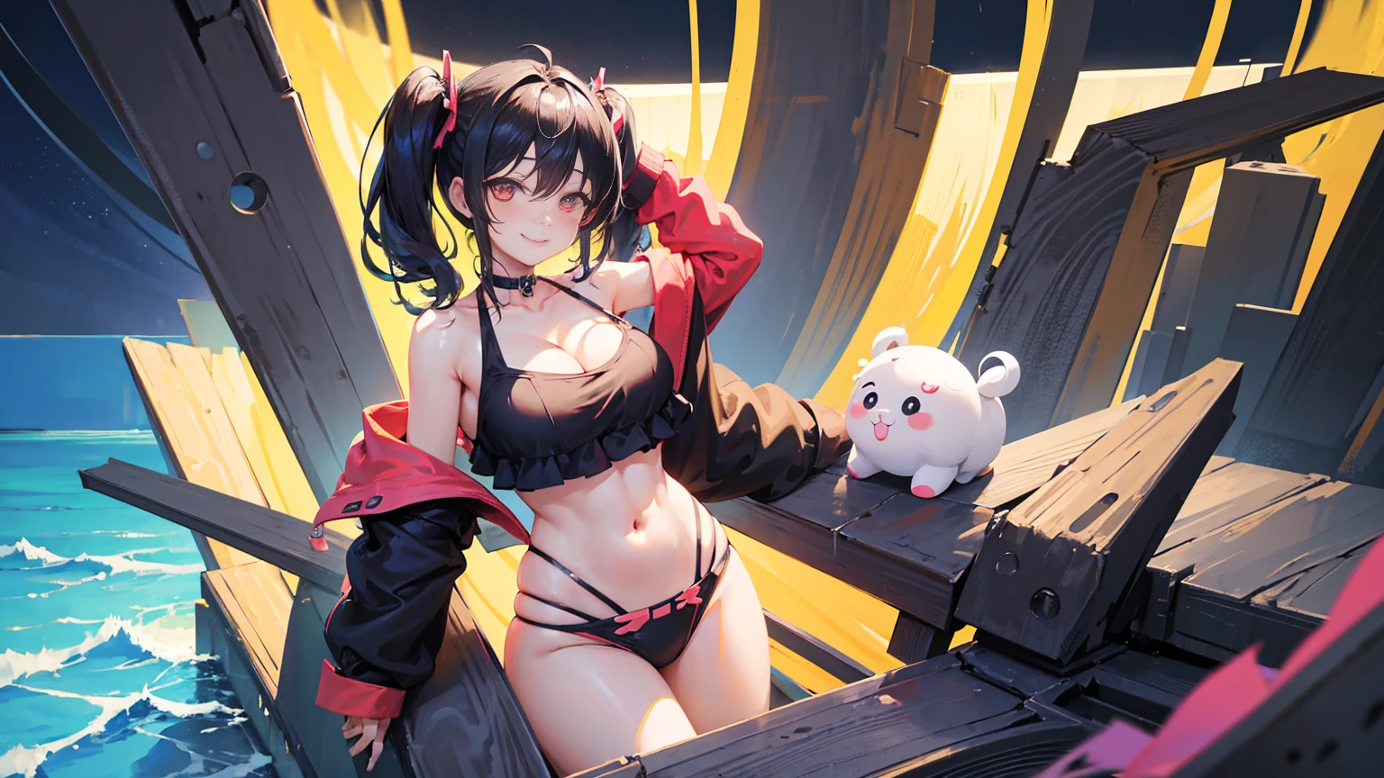 masterpiece,anime style,chibi,sexy girl,black hair,shoulder length hair with two pigtails,bikini,smiling,larger breasts,waiting on the right side of the image,showing cleavage,full body,standing,