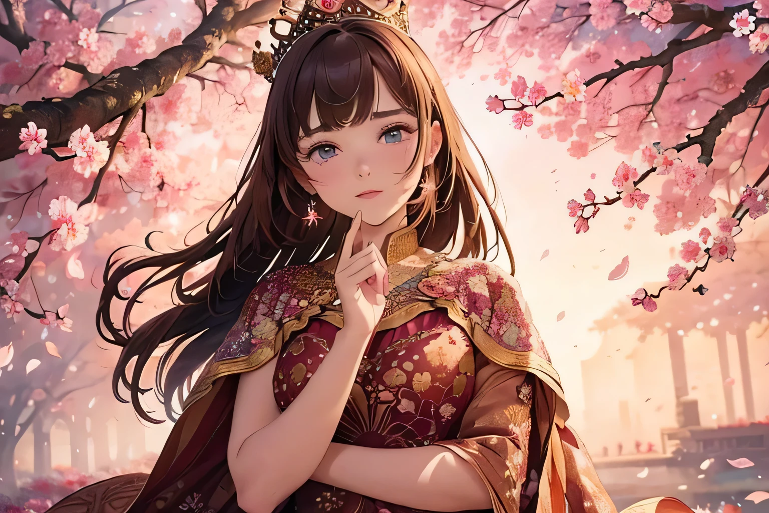 (masterpiece: 1.2), (The girl with the crown: 1.2), beautiful well-defined eyes, brown hair, blue eyes, tears on the cheeks, holding arms open, giving a hug, extending the hands, (full fingers , full hands),In the fantastic beauty of the crystal clear sunset, countless vibrant flowers bloom, Bokeh, a soft light spreads across the tranquil surroundings. , the delicate petals of her blend into intricate patterns, cherry blossoms, the background of her is soft and blurry, adds a dramatic and symbolic element to the scene of her, the petals of her are soft and magical colors and atmosphere.