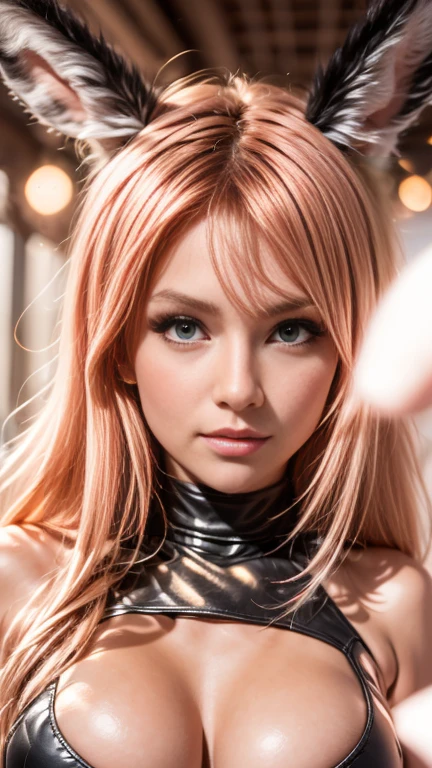 anime style, a closeup of a cartoon of a woman with ears and rabbit tail, with rabbit tail, with rabbit ears, girl design, mara, portrait, giesha, anime image, long hair, pink hair, hair covering ears, happy, polished and powerful look, exotic, tall
