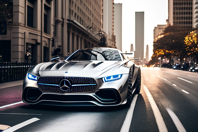 Rembrandt light,Best Quality,Extremely detailed,Cinematic lighting,8K,Realistic,Dynamic Graphics,photograph,Low viewing angle,Camera shooting,Canon 85 1.2,Aperture F4,8K,nffsw,Mercedes-Benz GTR,Concept car driving around the city,futuristic design,Master works,