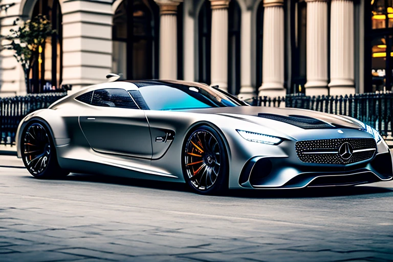 Rembrandt light,Best Quality,Extremely detailed,Cinematic lighting,8K,Realistic,Dynamic Graphics,photograph,Low viewing angle,Camera shooting,Canon 85 1.2,Aperture F4,8K,nffsw,Mercedes-Benz GTR,Concept car driving around the city,futuristic design,Master works,