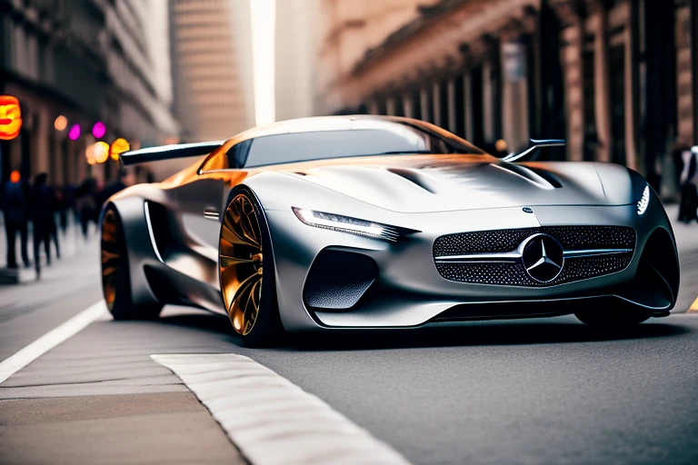 Rembrandt light,Best Quality,Extremely detailed,Cinematic lighting,8K,Realistic,Dynamic Graphics,photograph,Low viewing angle,Camera shooting,Canon 85 1.2,Aperture F4,8K,nffsw,Mercedes-Benz GTR,Concept car driving around the city,futuristic design,Master works,