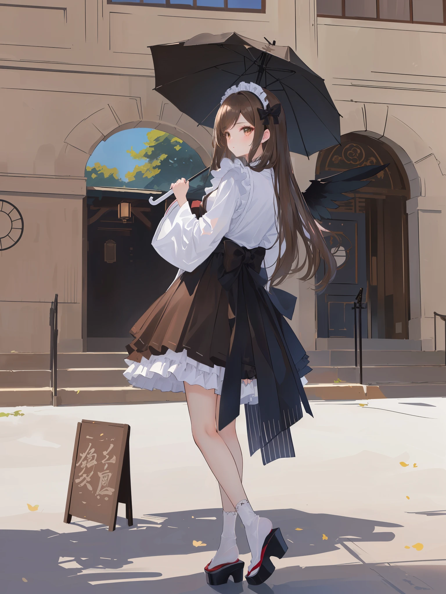 (brown long hair swept bangs:1.3), araffe dressed in a black and white outfit holding an umbrella, ****ta style, victorian gothic ****ta fashion, ****ta fashion, , kantai collection style, sakimichan, japanese clothes, rin, maid outfit, hakama kimono, intricate hakama, fantasy style clothing, hip skirt wings, ****sh, ****ta