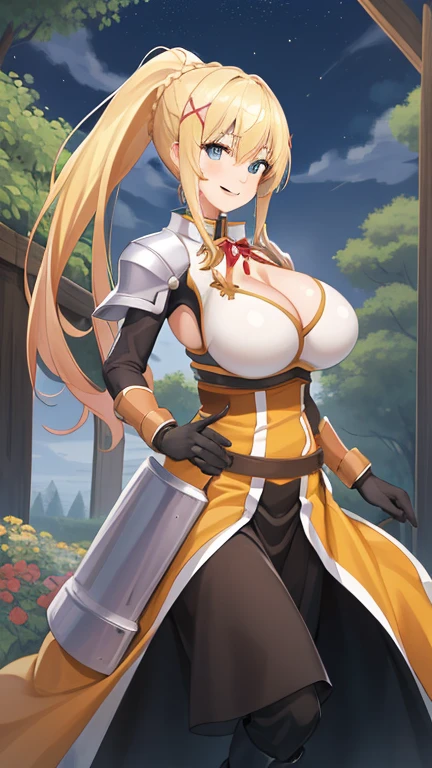 highest quality, High resolution, One girl, Long Hair, Blonde, x hair ornaments, armor, blue eyes, ponytail, hair ornaments, gloves, shoulder armor, Braiding, black gloves, Scapula, White boots, darkness \(KonoSuba\), ((Large Breasts)), ((Huge breasts)), Cowboy Shot, garden , smile,