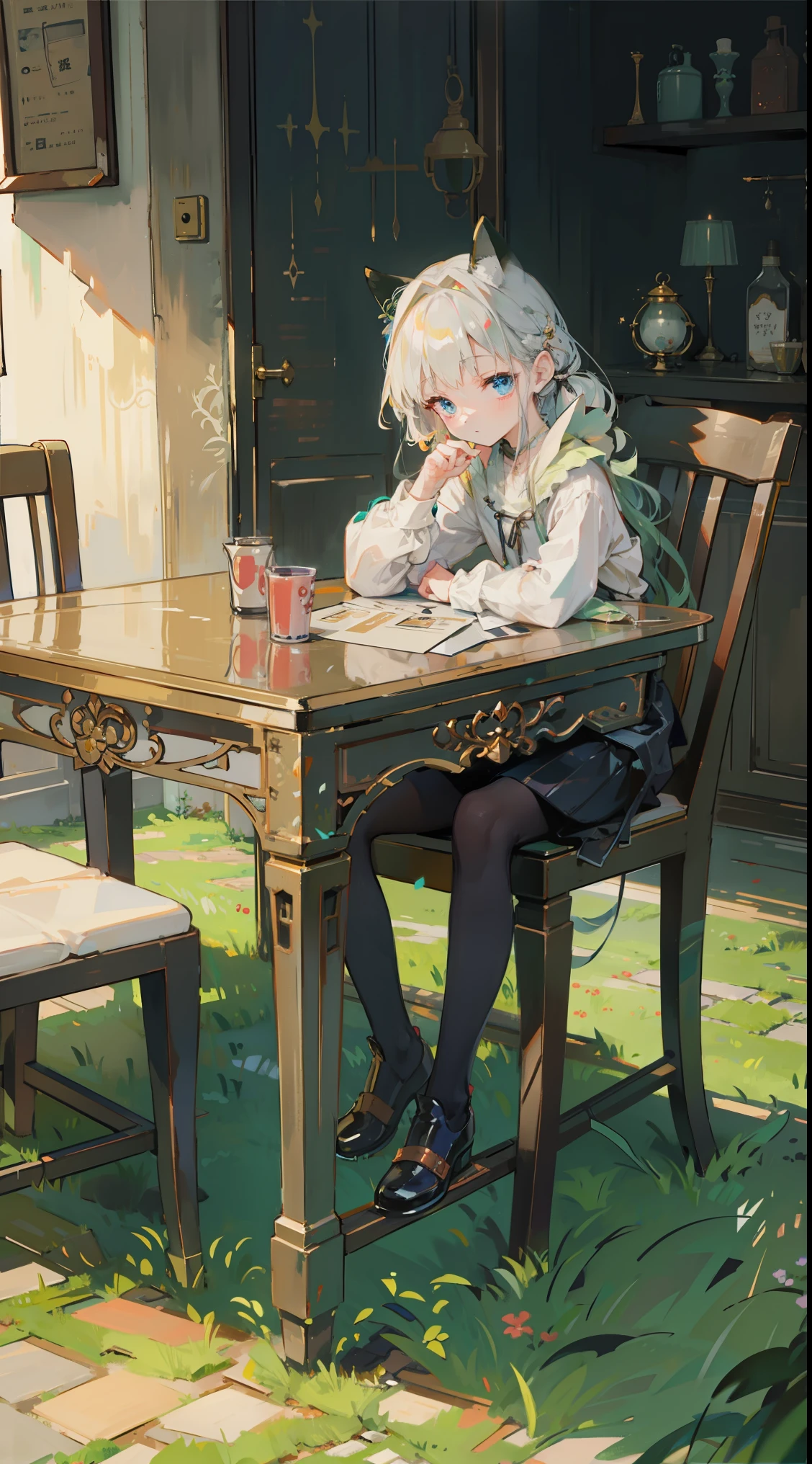 (Tabletop, highest quality: 1.1), Ghibli style, alone, , Weibo, Tinker's Wife (Tabletop), highest quality, Expressive eyes, Perfect Face, Small breasts, thin, ((Wearing a dress and playing the piano)),transparentガラスボトル本体, Glass Girl, transparent, Wavy green hair, Pink and blue eyes, Green leaves of hair, Eyes like shining jewels, Long eyelashes, transparent性, ((Wearing a dress and playing the piano)), (Red Jewel Autumn Costume)), whole body, Standing Pose Reaching Out, thin脚, Perfect hands, Five Fingers, Yun News (Hmph), no_human, (((Cat ear))), Forest land