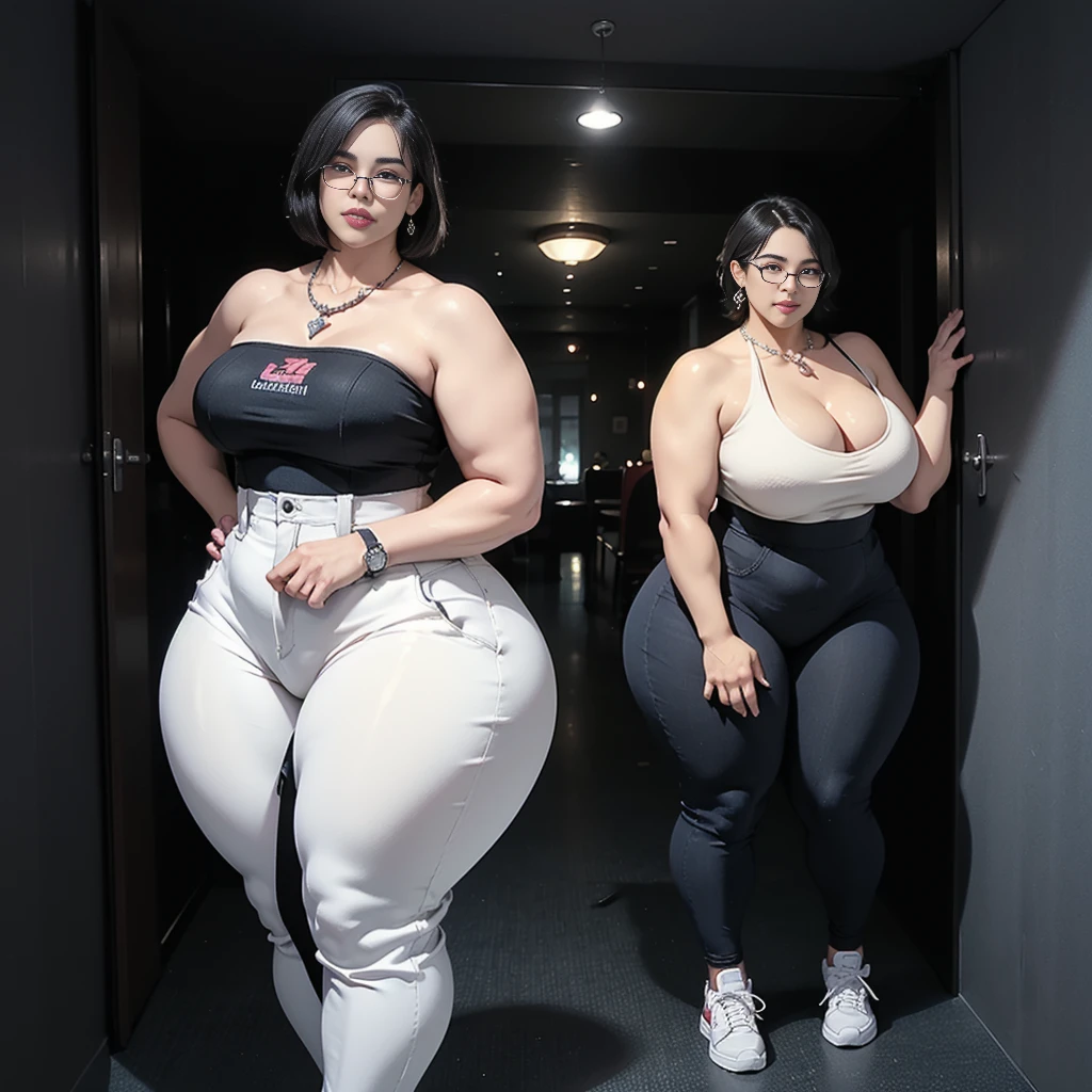 ((best quality)), ((masterpiece)), (detailed), perfect face, thicc woman, beautiful face , thicc girl , widest hips, thick neck, thicc , thick body , thick thighs , thick arm, huge large breasts, her body is thicc, full body view, dark-black room, black bokeh background, thight dress, wearing sneakers, short hairstyle, diamond necklace, wearing a watch, tall woman, restore face, white skin , longest thight pants , glasses , cold vibes, , 4k resolution, japanese goddess