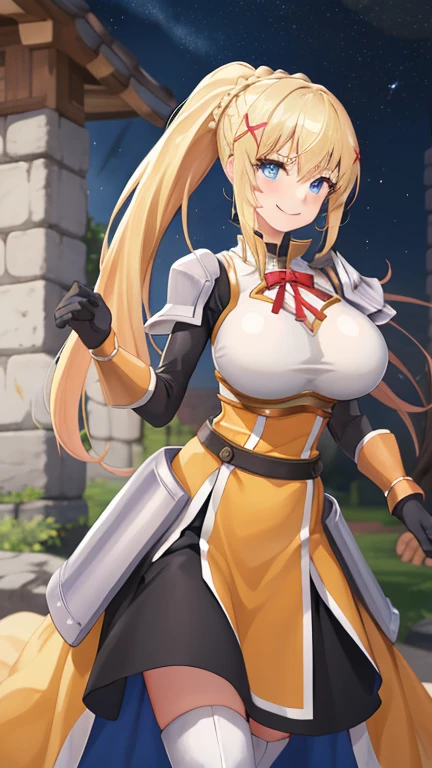highest quality, High resolution, One girl, Long Hair, Blonde, x hair ornaments, armor, blue eyes, ponytail, hair ornaments, gloves, shoulder armor, Braiding, black gloves, Scapula, White boots, darkness \(KonoSuba\), ((Large Breasts)), ((Huge breasts)), Cowboy Shot, Dungeons , smile,