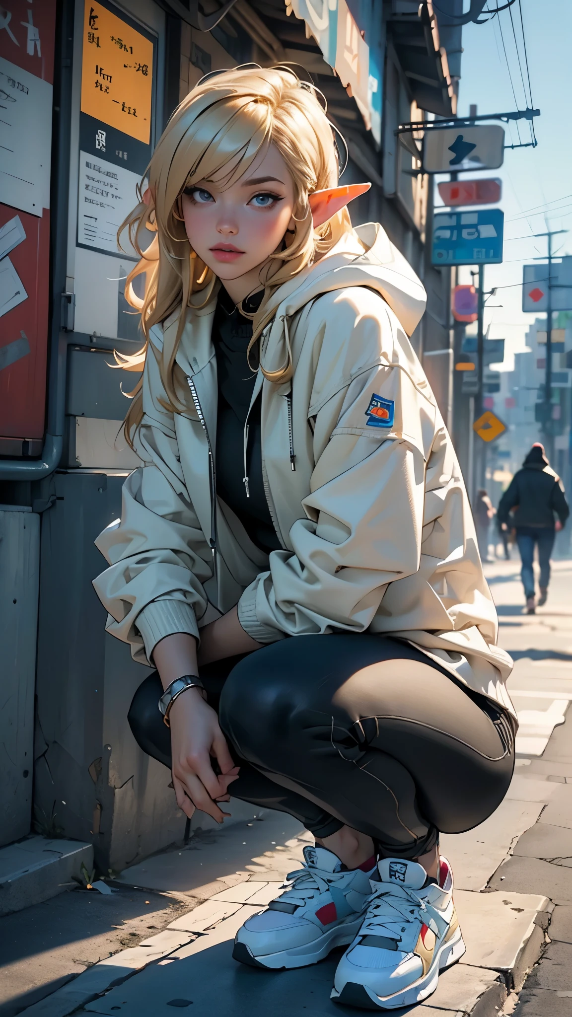 (highest quality, 8k, 32k, masterpiece, Ultra-high resolution):1.2, Blurred Background, Great photo with beautiful saturation, Ultra-high resolution,(Realistic:1.4)),Deep Shadow,(highest quality), ultra Realistic,32k,Highly detailed CG Unity 8k wallpaper, highest quality,Trendy clothing,((sneakers)),(Squat down),Hands hang down naturally,Hooded jacket,Street side,((Elf)),(Blonde),1girl