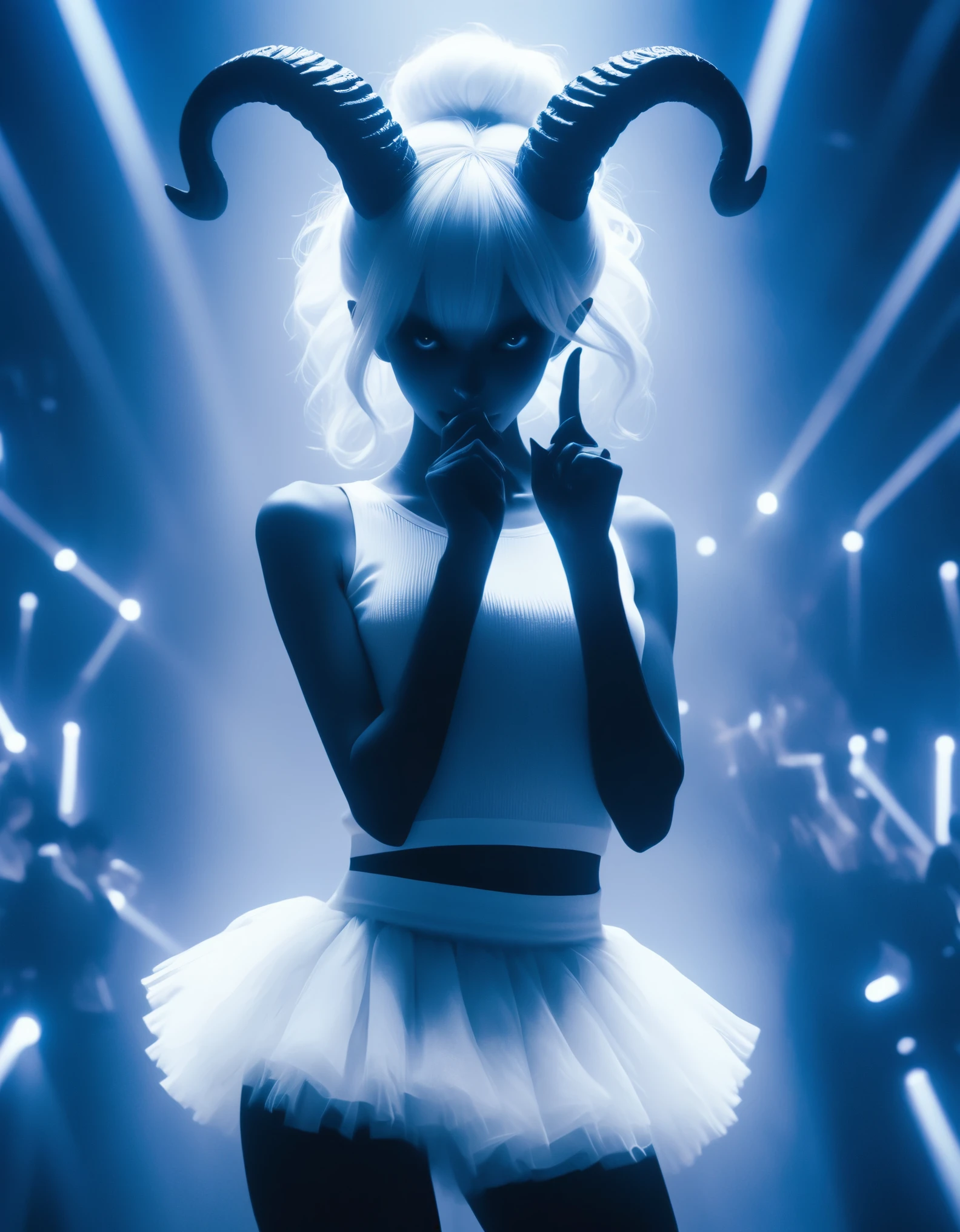 solo,holding microphone, Idol stage ,universe concert background, galaxy lighting,a very pale white skin demon girl Idol with black horns, (pitch black eyes:1),( wearing white tank sweater and white tutu:1.2) , ( black gradient arms and legs:1.2) , white hair , well lit , very skinny, Cosmic1