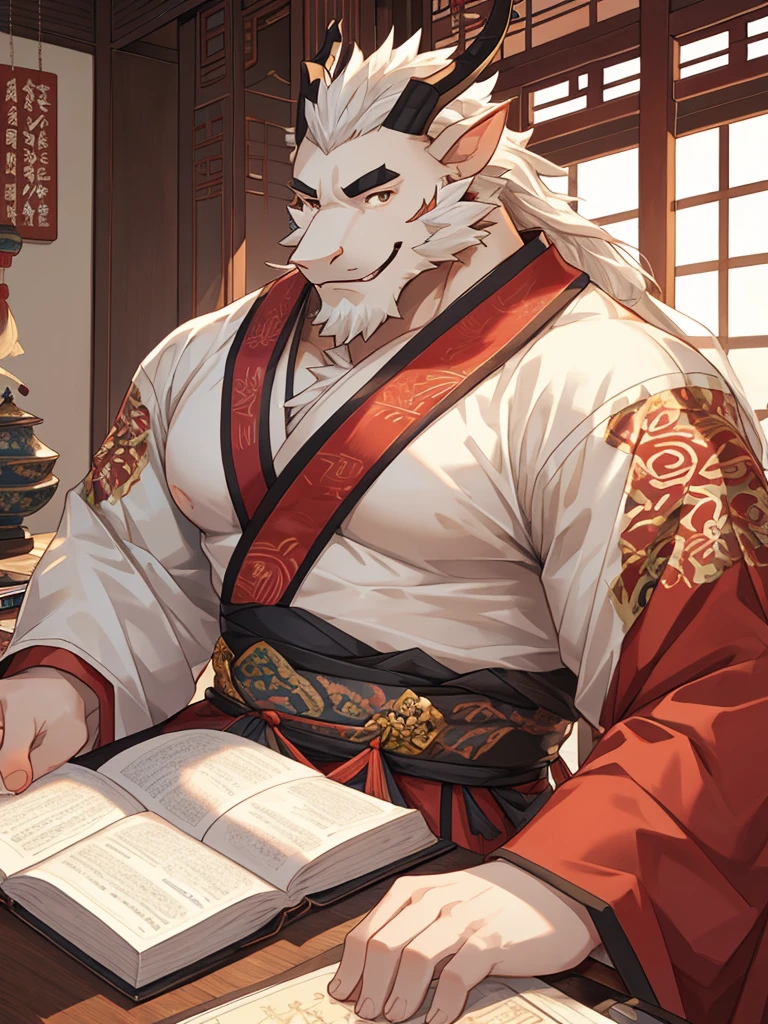 (white eastern dragon),furry,fuii body shot,white mustache,big pecs,hearty males,artbook,muscular,Hanfu,holding_stylus,sitting_on_desk,adult,traditional_chinese_room