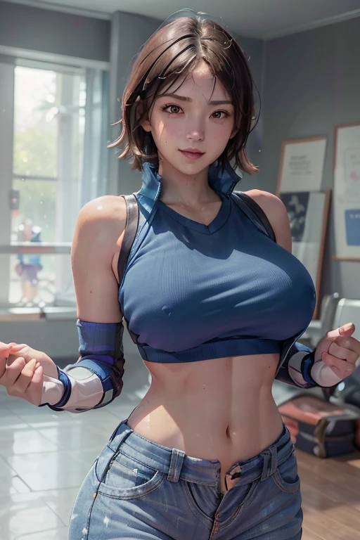 Browsing Caution, (Best image quality,highest quality,Highest Resolution, Ultra-Realistic Images,Very detailed,masterpiece),((Sticky with sweat)),Huge breasts, Erect nipples。Tight sports bra, ((Good lift)),jeans, Abdominal muscles, Look Down, smile, Eyes in Love,Browsing Caution,