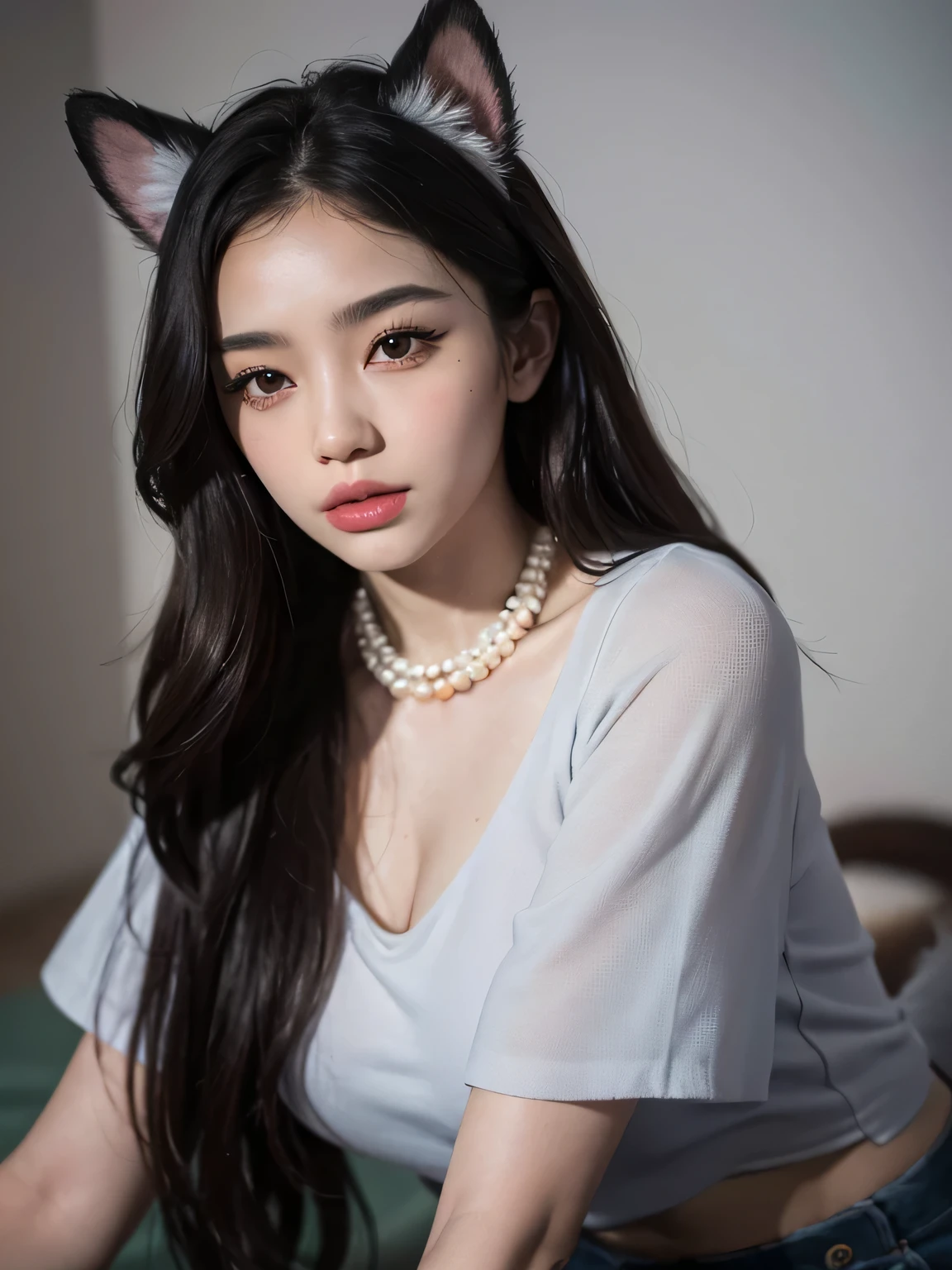 (best quality,4k,8k,highres,masterpiece:1.2),ultra-detailed,(realistic,photorealistic,photo-realistic:1.37),Medium Butterfly cut hair color gray,Oval face,white flawless fur,Round eyes color amber,bottom nose,round full lips,douyin makeup palette color brows,long lashes,dog furry girl,croptop black,jean skirt with Doubles,pearl necklace,hand warmer,Dog ears,Dog tail,Hourglass body