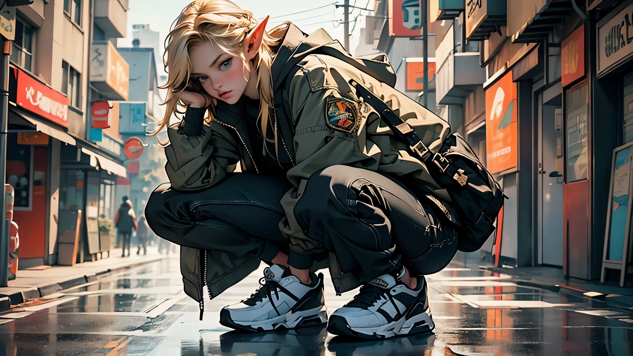 (highest quality, 8k, 32k, masterpiece, Ultra-high resolution):1.2, Blurred Background, Great photo with beautiful saturation, Ultra-high resolution,(Realistic:1.4)),Deep Shadow,(highest quality), ultra Realistic,32k,Highly detailed CG Unity 8k wallpaper, highest quality,Trendy clothing,((sneakers)),Hands hang down naturally,Hooded jacket,Street side,((Elf)),(Blonde),1girl