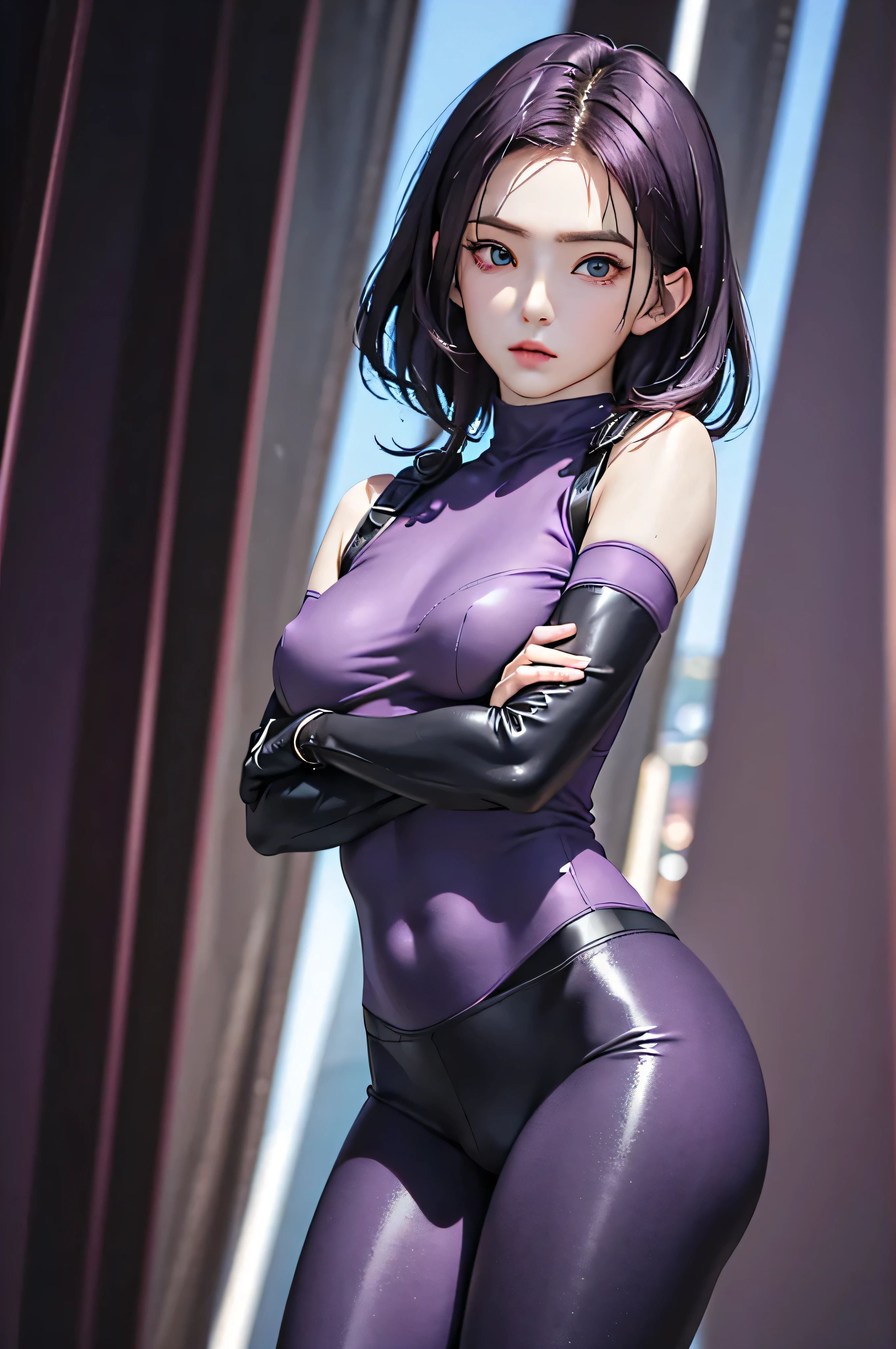 (Finest quality)),(A high resolution),(ultra-detailed art),(Meticulous portrayal),((Best Anime)),(Finest works of art),sharpness,Clear,Ultra-Precision Art,The art of astounding depiction, (Female Ninja in the Dark:1.3)
short Hair, purple hair, vibrant purple hair, extremely detailed hair, detailed bangs, with bangs, short hair only,
pretty face, beautiful lips, soft lips,pretty face, close up face,serious face, pretty nose, beautiful nose,
pretty eyes, beautiful eyes, detailed eyes, perfect eyes, green eyes,
clear skin,white skin, soft skin, small bust,
korean girl, korean beauty, irene, red velvet irene,
female dark ninja suit, ninja clothing, purple tight short sleeves shirt, short sleeves, purple top, purple clothing, purple tights, show upper part of arms,
black arm sleeves, black detailed sleeves, black gloves, black gloves, cover breasts,
purple tight pants,
looking at camera,
standing, cool pose,
super low-angle shot, looking down, no background,
