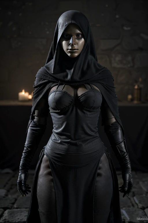 Estilo Dark Souls 3, Mujer, burqa, piel oscura, pose de batalla, enfoque completo, 