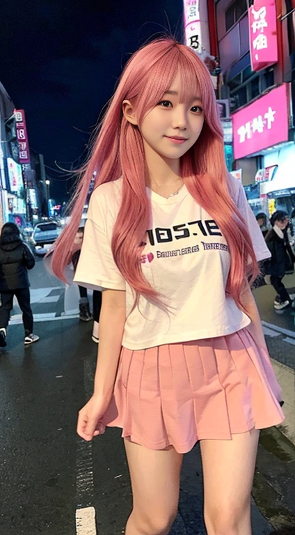 Tokyo, Kabukicho, Long hair fluttering in the wind, Pink Hair, HD, skirt