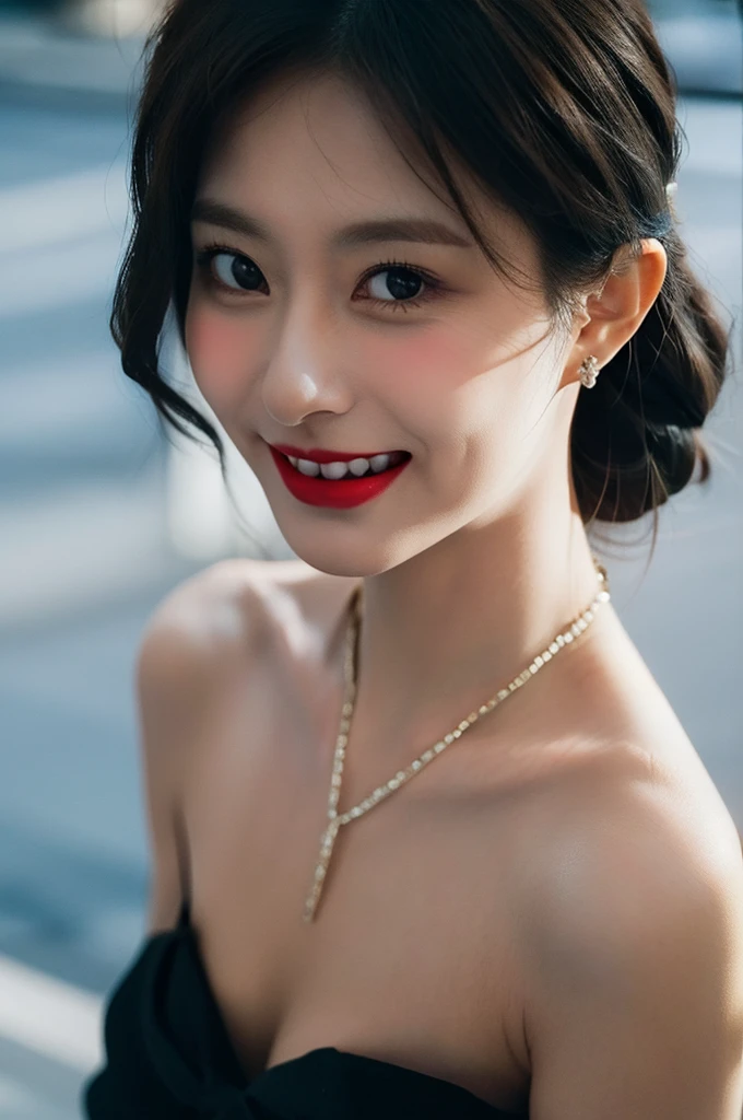 classic hollywood glamor, 1 Girl, Dazzling accessories, (Charming eyes, Red lips, Flawless skin), Smile,Dramatic pose, interesting composition, spot lighting, Rich shadows, Shallow and deep, Shiny Bokeh, Fine details, High resolution, 35 mm film, Timeless elegance. Portrait Photography, 35 mm film, natural blurry, (Simple background:1.2),full-body shot