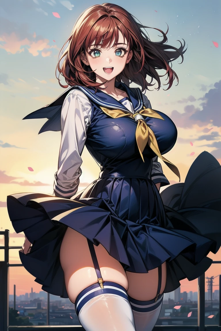 (Very beautiful face and eyes:1.2),(Laugh together),((Big Breasts))、Skirt fluttering in the wind、Fresh Skin、Beautiful feet,Sailor suit、,Redhead、Yellow headband、Hold down your skirt、garter belt、Double teeth、
(highest quality,masterpiece:1.2),1 girl,Looking at the audience,
Natural light,Hair blowing in the wind,Beautifully detailed skies,