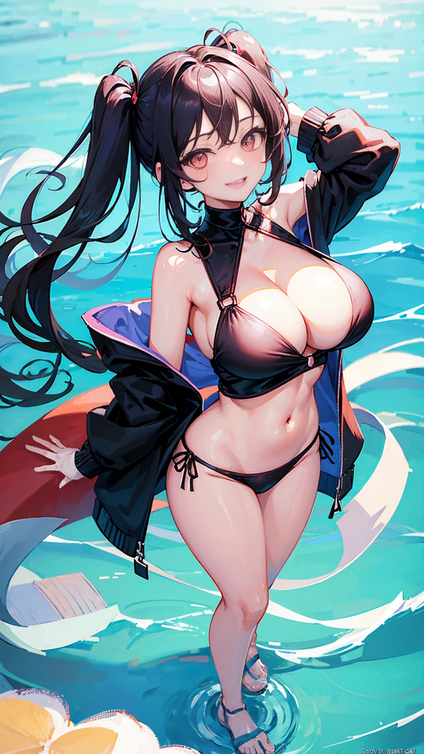 masterpiece,anime style,chibi,sexy girl,black hair,shoulder length hair with two pigtails,bikini,smiling,larger breasts,waiting on the right side of the image,showing cleavage,full body,standing,