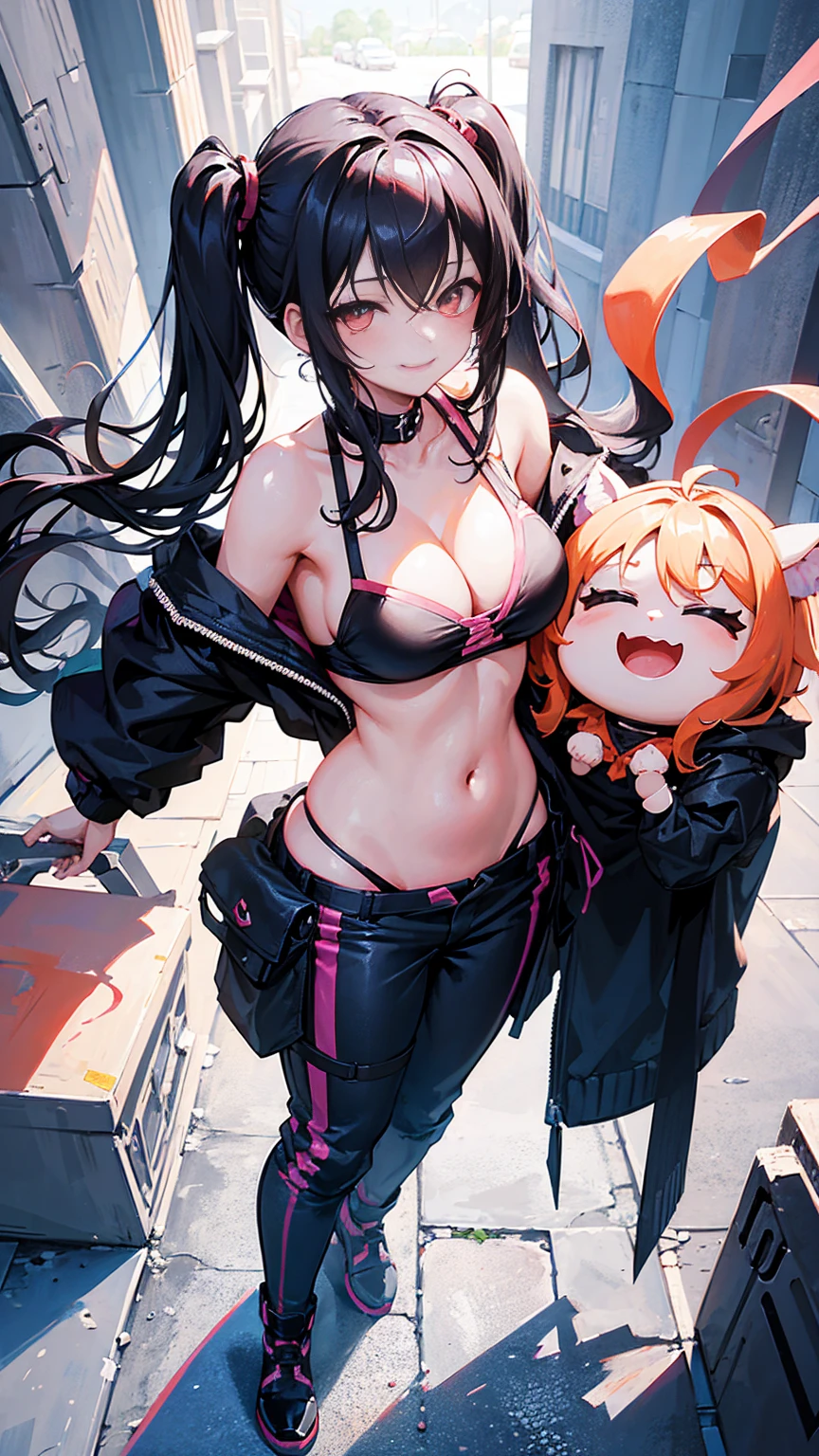 masterpiece,anime style,chibi,sexy girl,black hair,shoulder length hair with two pigtails,bikini,smiling,larger breasts,waiting on the right side of the image,showing cleavage,full body,standing,