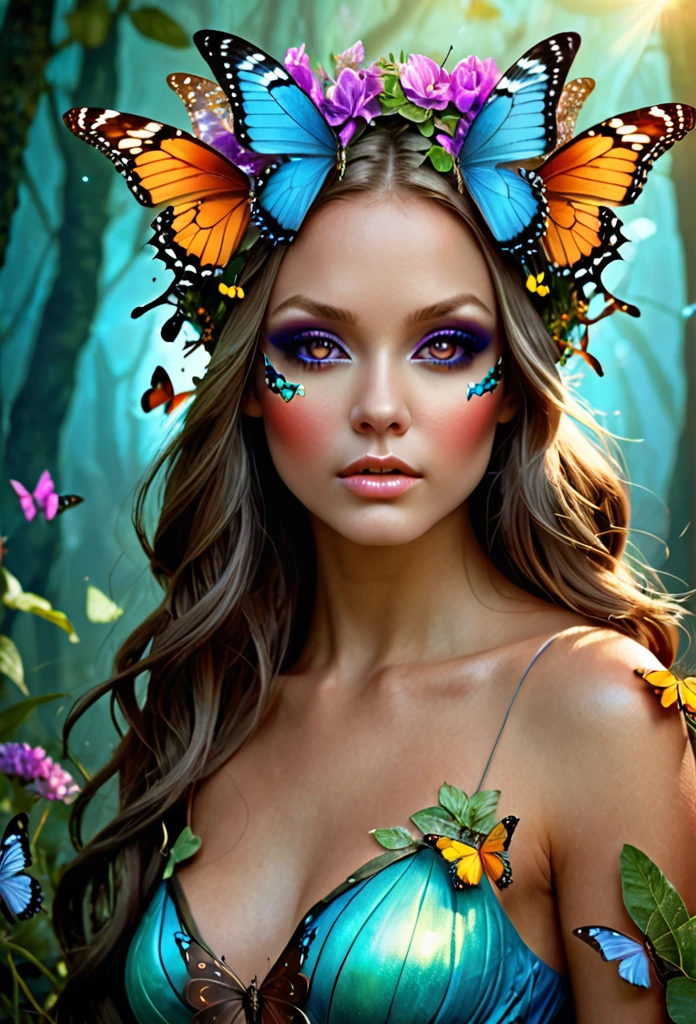 image of a woman with a butterfly on her head, beautiful gorgeous digital art, beautiful fantasy style portrait, beautiful digital art, gorgeous digital art, beautiful fantasy portrait, beautiful digital artwork, beautiful fantasy art, very beautiful digital art, fantasy style portrait, beautiful fantasy girl, portrait of a fairy, very beautiful fantasy art, beautiful girl, digital art fantasy