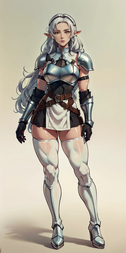 masterpiece, best quality, high quality, white SKIN elf, long hair, white hair, yellow eyes, full body, def_effie, blue breastplate, white skin, looking at viewer, shiny, armor, thigh highs, high boots, shoulder armor, faulds, poleyn, gloves, gauntlets