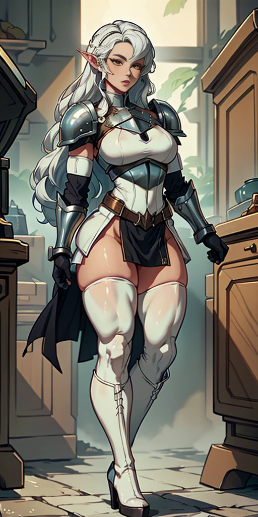 masterpiece, best quality, high quality, white SKIN elf, long hair, white hair, yellow eyes, full body, def_effie, blue breastplate, white skin, looking at viewer, shiny, armor, thigh highs, high boots, shoulder armor, faulds, poleyn, gloves, gauntlets