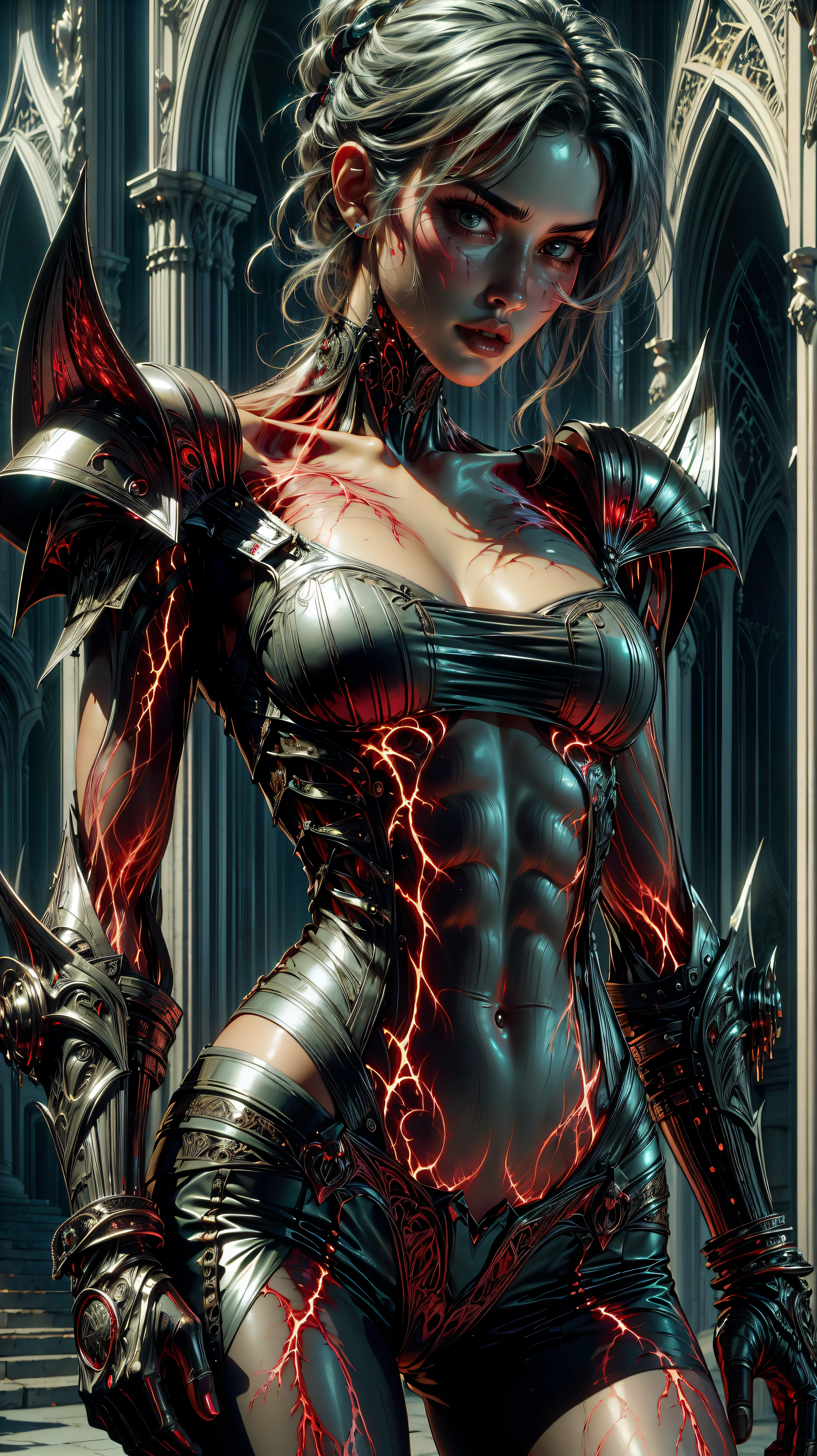 (1 girl), (megan fox:1.25), (pure white skin:1.25), Beautiful vampire girl dressed in ornate medieval vampiric full body armor, (extreme muscular definition:1.5), (vampiric body armor:1.25), (huge muscular arms:1.5,) (10-pack abs:1.4), (lots of veins:1.25), Ultra Realistic, Very detailed face and eyes, a true masterpiece, with an atmosphere of horror, gothica, blood, haunted cathedrals