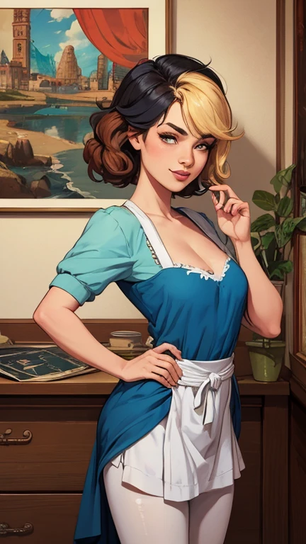 Harley Quinn, (best quality,highres),(realistic:1.37),(portrait),(studio lighting), ,solo mature woman,curvy, giant breasts, giant ass,straight strawberry blonde hair, dusty blue eyes,full lips, seductive, choker, painter's apron,painter's hat