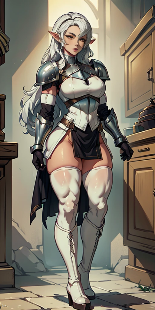 masterpiece, best quality, high quality, white SKIN elf, long hair, white hair, yellow eyes, full body, def_effie, blue breastplate, white skin, looking at viewer, shiny,armor, thighhighs, high boots,shoulder armor, faulds, poleyn, gloves, gauntlets