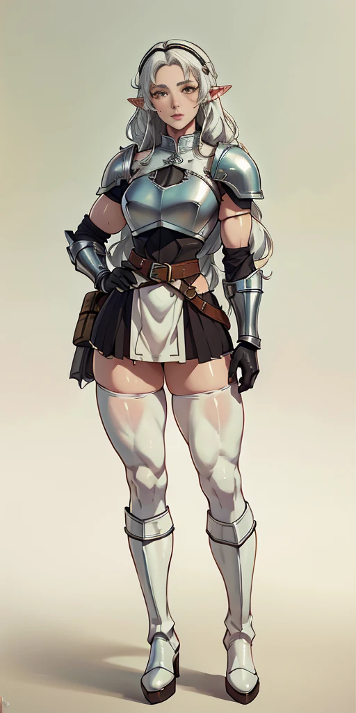 masterpiece, best quality, high quality, white SKIN elf, long hair, white hair, yellow eyes, full body, def_effie, blue breastplate, white skin, looking at viewer, shiny,armor, thighhighs, high boots,shoulder armor, faulds, poleyn, gloves, gauntlets