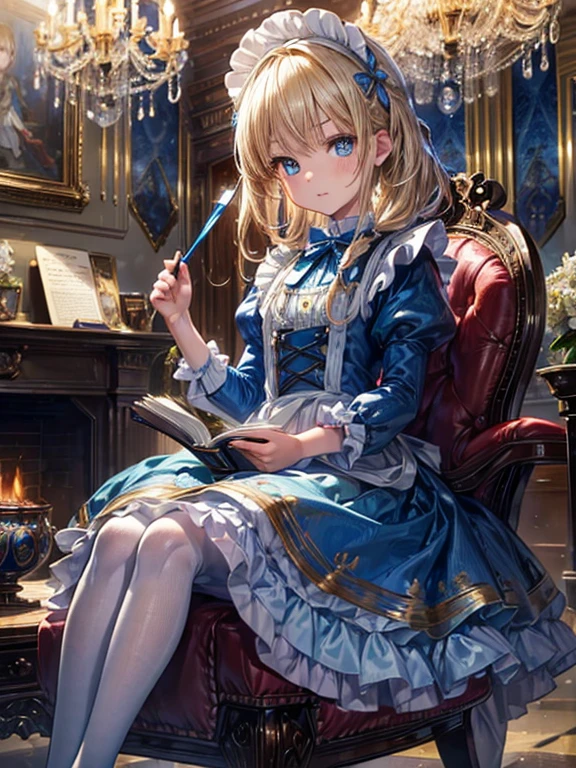(8k, highest quality, Tabletop:1.2)、Ultra-high resolution、Alice in Wonderland, One -yeld gi Detailed face、blue eyes, Blonde, Braid, Blue Dress, White apron, Clothes with bulging sleeves, Long skirt, room with fireplace, chandelier, Sit on a chair, I read a book