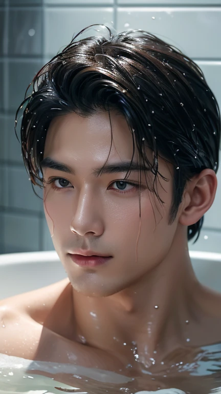 ((highest quality)), ((masterpiece)), (detailed), Perfect Face、"A detailed image of a man wearing clothes, getting wet in the rain, in a bathtub during the day, taken with a cinematic camera, using portrait with cinematic lighting --ar 9:16 --s 1000 --v 6"