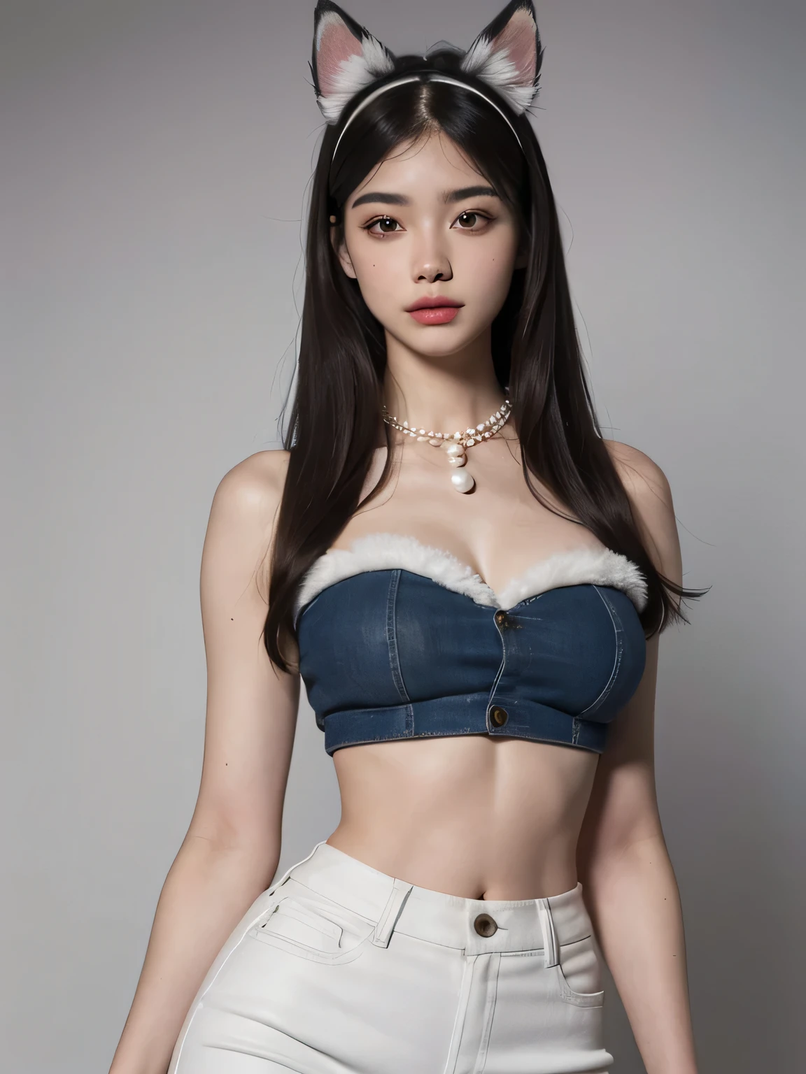 (best quality,4k,8k,highres,masterpiece:1.2),ultra-detailed,(realistic,photorealistic,photo-realistic:1.37),Medium Butterfly cut hair color gray,Oval face,white flawless fur,Round eyes color amber,bottom nose,round full lips,douyin makeup palette color brows,long lashes,dog furry girl,croptop black,jean skirt with Doubles,pearl necklace,hand warmer,Dog ears,Dog tail,Hourglass body