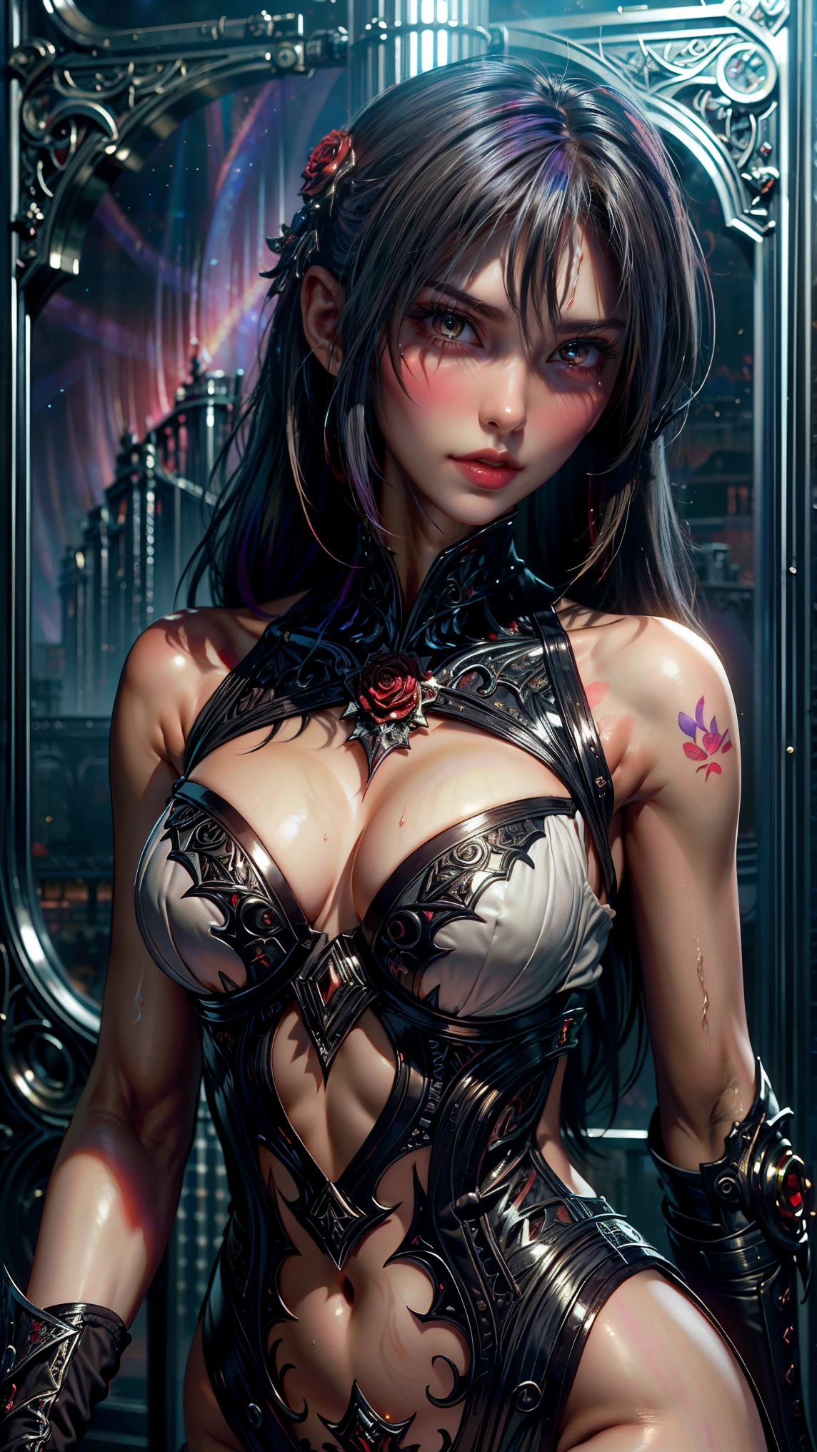 1 20 year old girl, 1 goddess Athena, pink purple silk dress, beautiful goddess Athena face without blemishes, delicate yellow nightgown, long thin sequin nightgown with many sexy black lace details, 1 beautiful thin red silk cloth half veil, female saint legend, female saint icon, beautiful goddess style glitter, dark and mysterious version, small proportioned goddess crown, vermilion lips, plump red lips, not smiling, mouth closed, delicate and beautiful pino detailing, delicate and beautiful lip detail, , (pure and flawless face: 1.9), female saint body, round chest, big and round breasts, phoenix brooch, long flat bangs, (7-color rainbow hair: 1.9), flower stickers tattoo on forehead, beautiful clear face and well-proportioned eyes, (transparent yellow eyes: 1.8), (big round eyes and makeup, sexy wet eye makeup, very beautiful and meticulous hair makeup, long and delicate blonde hair, delicate, body image: 1.8), figure: and vivid, (stars that make up the sky: 1.7), (the sky of heaven and the fictitious gate of time and space: 1.8), fictional art, RAW photos, hanfu photos, best photos, high resolution, best quality, best photos, best goddess quality, 8k female, super 8 single saint portraits, truest color schemes, masterpieces, best beauty brands, best hair jewelry, brand real photo, dark studio, border light, two-tone lighting, (rose white skin: 1.4), (high skin detail: 1.1), 8k uhd, d slr, soft light, 8k, high quality, candid, volume Smooth and sharp, 10x pixel increase, sexy goddess, sexy goddess, (background space: 1.8), (most beautiful aurora eyes: 1.7), beautiful eyes, aurora beautiful and flowery, (beautiful single girl: 1.8), (more details:0.8),