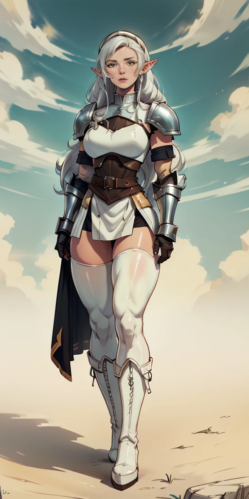 masterpiece, best quality, high quality, white SKIN elf, long hair, white hair, yellow eyes, full body, def_effie, blue breastplate, white skin, looking at viewer, shiny,armor, thighhighs, high boots,shoulder armor, faulds, poleyn, gloves, gauntlets