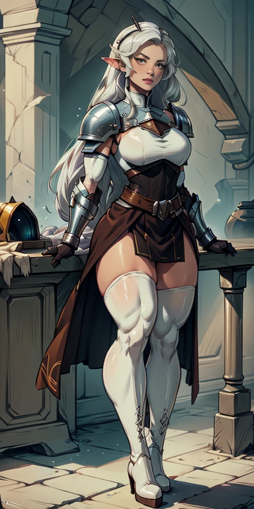 masterpiece, best quality, high quality, white SKIN elf, long hair, white hair, yellow eyes, full body, def_effie, blue breastplate, white skin, looking at viewer, shiny,armor, thighhighs, high boots,shoulder armor, faulds, poleyn, gloves, gauntlets