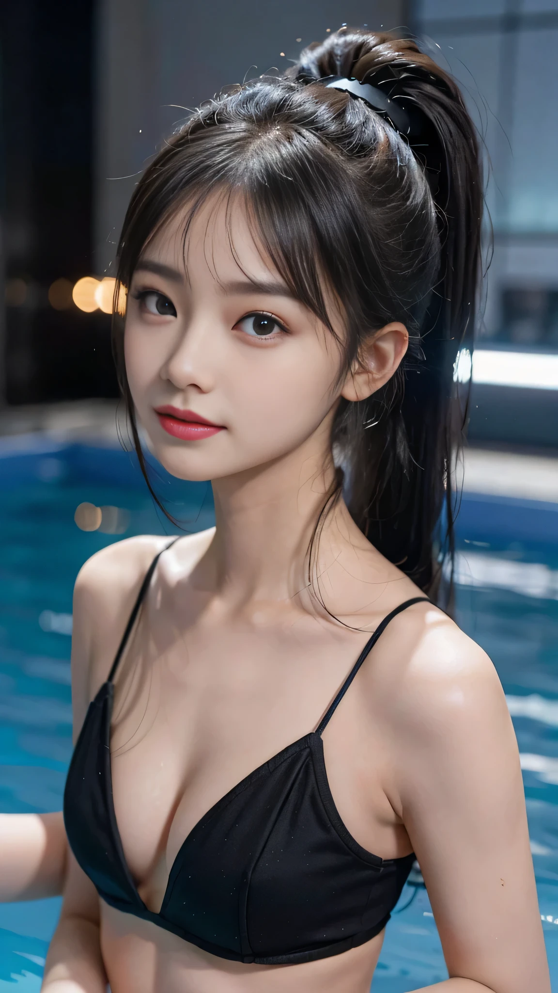 night,It's dark outside,Resort Pool lit up with neon lights at midnight,bikini,Close up face,One woman,masutepiece, The highest image quality, High quality, the background is clear,Beautiful woman, Japanese, Detailed, Detailed eyes, Detailed skin, Beautiful skin, 超hight resolution, (reality: 1.4),Very beautiful woman, Slightly younger face, Beautiful skin, slender, (Ultra photo realsisim), (hight resolution), (8K), (Very detailed) (beautifully detailed eyes), (super detailed), (Detailed face), view the viewer, Fine details, Detailed face, Staring straight ahead, Staring straight ahead, photos realistic, Bright lighting, Professional Lighting, Black hair,poneyTail,a baby face,fifteen years old,Hairstyle: ponytail,Long ponytail hairstyle,slight smile,neat and tidy clothing,Beautiful Japanese KPOP idol photo, hair style is ponytail, my eyes are double and wide, baby face, smile and look straight ahead, slender, small breasts,Close up face,