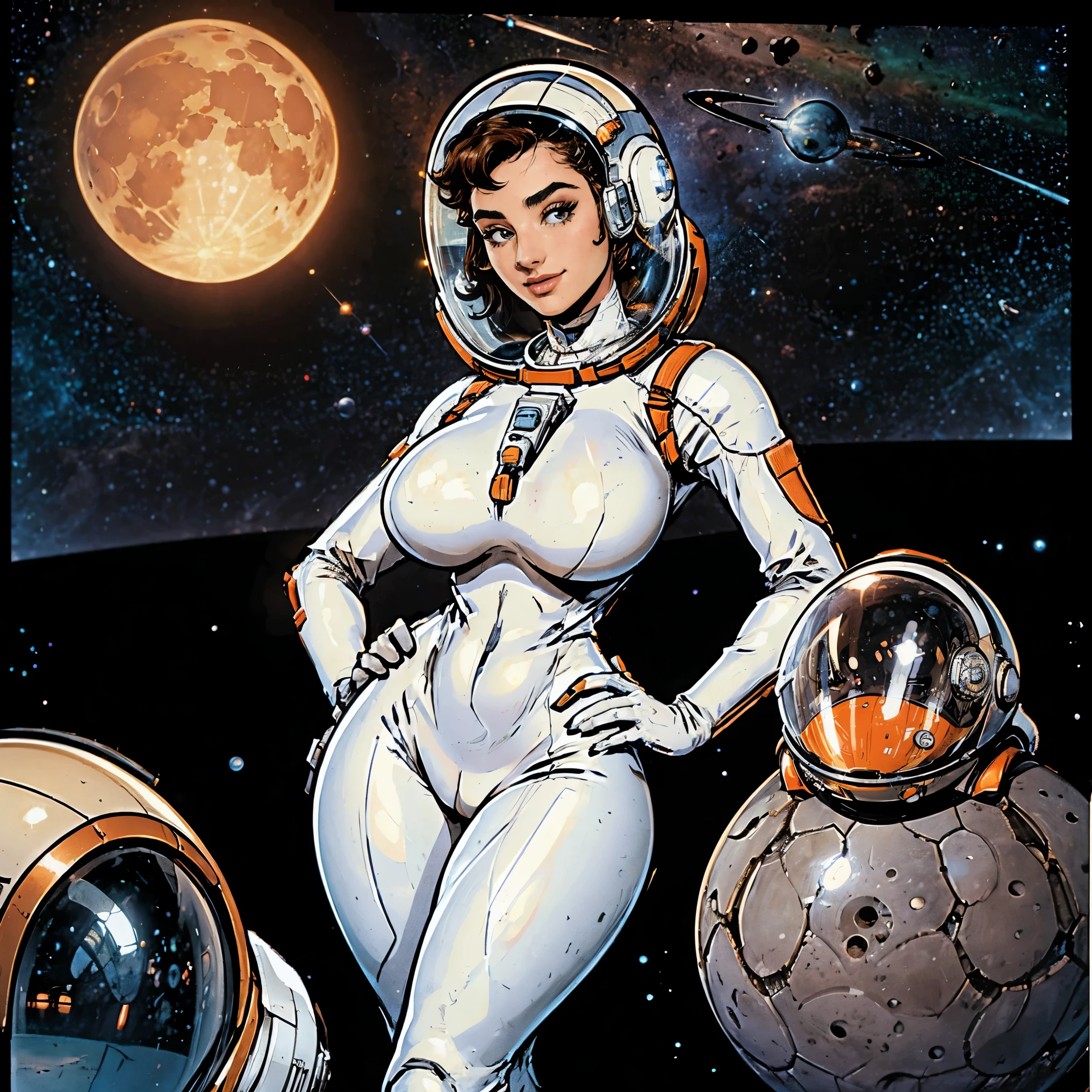 (masterpiece, top quality, best quality, official art, beautiful and aesthetic:1.2), (1girl:1.3), light freckles, fair skin, extremely detailed, portrait, looking at viewer, solo, (full body:0.6), detailed background, close up, (bright space pinup theme:1.1), busty 1950's pinup brunette space girl, charlatan, smiling, happy, mysterious, spacewalk, modest attire, white and orange space suit, spacesuit, helmet, bodysuit, ray gun, long boots, pouches, jetpack, glass helmet, rocket ship, ((((space helmet, narrow hips, slim sexy body, gigantic breasts)))), slim waist, slim hips, long legs, futuristic (lunar surface, on the moon, moon exterior:1.1) background, dark mysterious lighting, shadows, magical atmosphere, dutch angle,