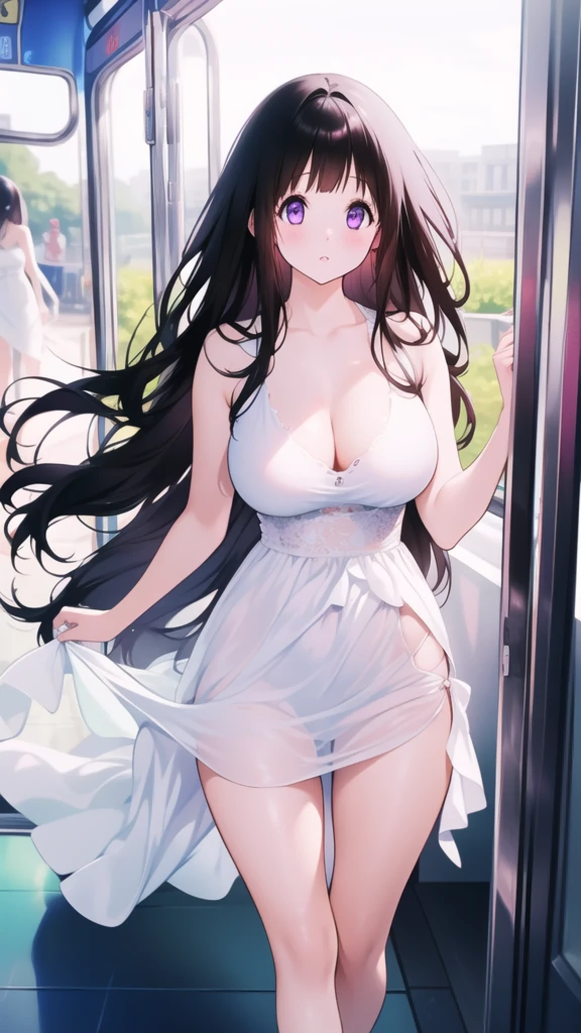 Amazing Chitanda, There is only one beautiful girl，Purple Eyes, Black Hair, Very red face，Very white skin，Glowing skin，Skin as delicate as porcelain，Naturally straight hair, Straight bangs，Extremely refined，Open lips，Long flowing hair，Beautiful Girl, Like a dream，Slim，Slim waist，Soft, (Sensual), (Kawaii), Dream quality，Beautiful big breasts，Half of the areola is exposed，white summer dress，sleeveless，Many holes in clothes，Ragged clothes，The clothes are completely transparent，Deep V neckline，Loose neckline，Wide neckline，In the crowd，On the tram，Standing，Crowded，Wind blows up skirt，no pants，Bare shoulders，Bare neck，Exposed collarbone，Showing breasts，Show your waist，Show your buttocks，Show your thighs，Exposing the groin，No pants，extremely shy，Ultra-high resolution, (masterpiece:1.2, best quality), (Delicate and beautiful eyes: 1.2), (Beautiful and delicate face)