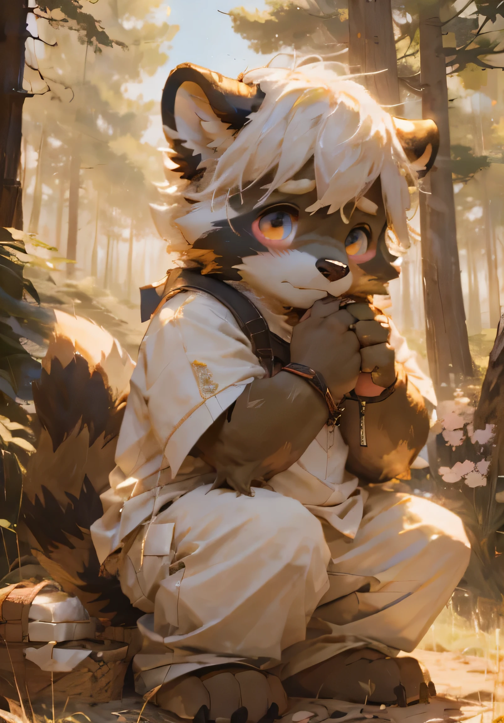 (masterpiece)，(Very detailed)，(best quality)，hairy，raccoon，Golden fur，white hair，Black pupil，(Light luxury clothes)，(blush:1.1)，((Shy expression))，Forest background，8k，(high quality)，(Ultra HD)，(Ultra Detailed)，（Young children），（Juvenile），Perfect sunshine，（Squat）